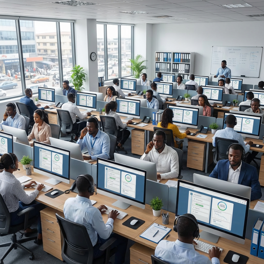 Diverse office workers with headsets operating computers in a large, modern call center.