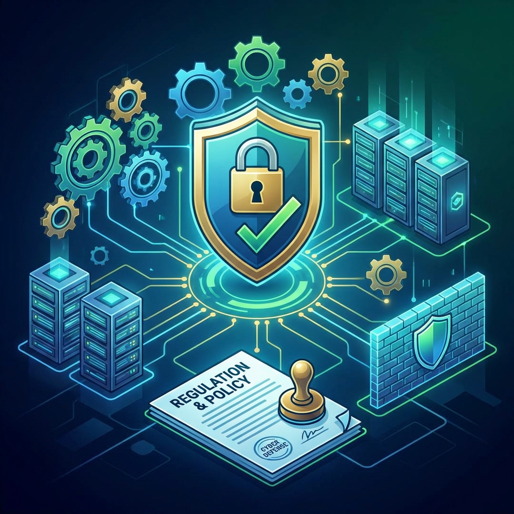Conceptual illustration of cybersecurity defense including a central shield, server racks, and policy documents.