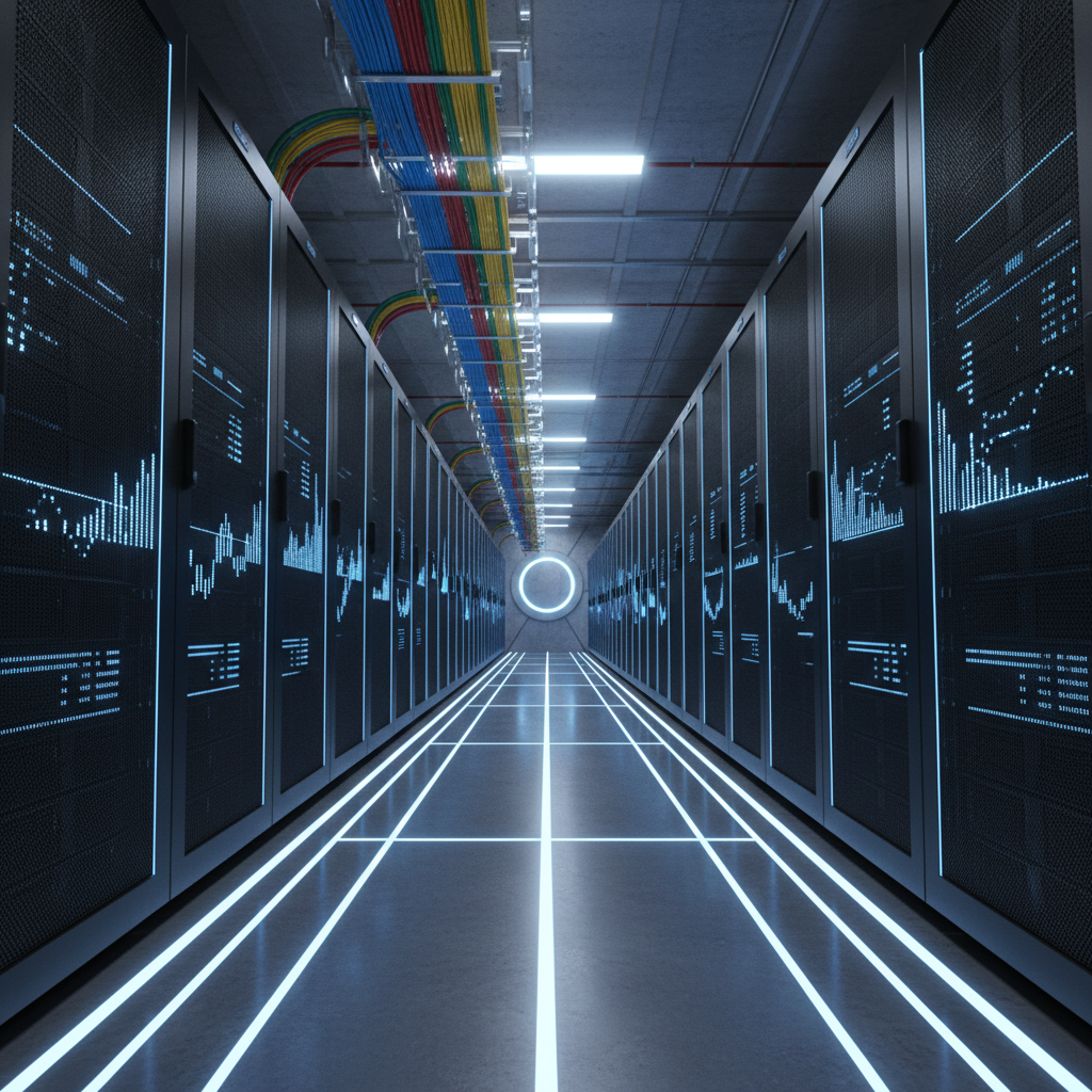A futuristic server rack corridor in a secure data center, showcasing rows of matte-black cabinets with subtle blue accent lines and softly glowing status LEDs forming patterns that resemble financial graphs. Fiber-optic cables are meticulously routed in color-coded bundles along overhead trays. The polished concrete floor reflects faint, elongated light streaks from linear ceiling LEDs, casting cool, symmetrical illumination that emphasizes depth. The atmosphere feels stable, resilient, and mission-critical. Captured from a low central perspective down the corridor, with strong leading lines pulling the viewer into the distance and everything in sharp focus. Photographic realism with a hyper-clean, professional look, ideal for illustrating robust infrastructure behind digital lending systems and risk control solutions.