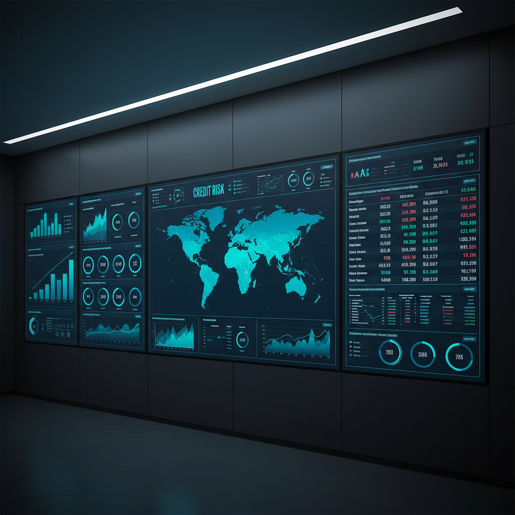 A sleek, large digital dashboard interface fills a wall of ultra-thin, frameless LED panels, displaying real-time global fintech metrics, credit risk heatmaps, and lending performance charts in vivid blues and teals. The panels are embedded in a dark, matte graphite wall within a minimalist, high-tech control room. Cool, diffused overhead lighting reflects subtly off the glassy screen surfaces, creating gentle highlights without glare. The atmosphere is precise, professional, and data-driven. Captured at eye level with a wide-angle lens, the composition emphasizes the breadth of the dashboard, with crisp focus throughout and a slight vignette that draws attention to the central analytics. Photographic realism with a clean, modern corporate aesthetic suited for a fintech technology homepage hero image.