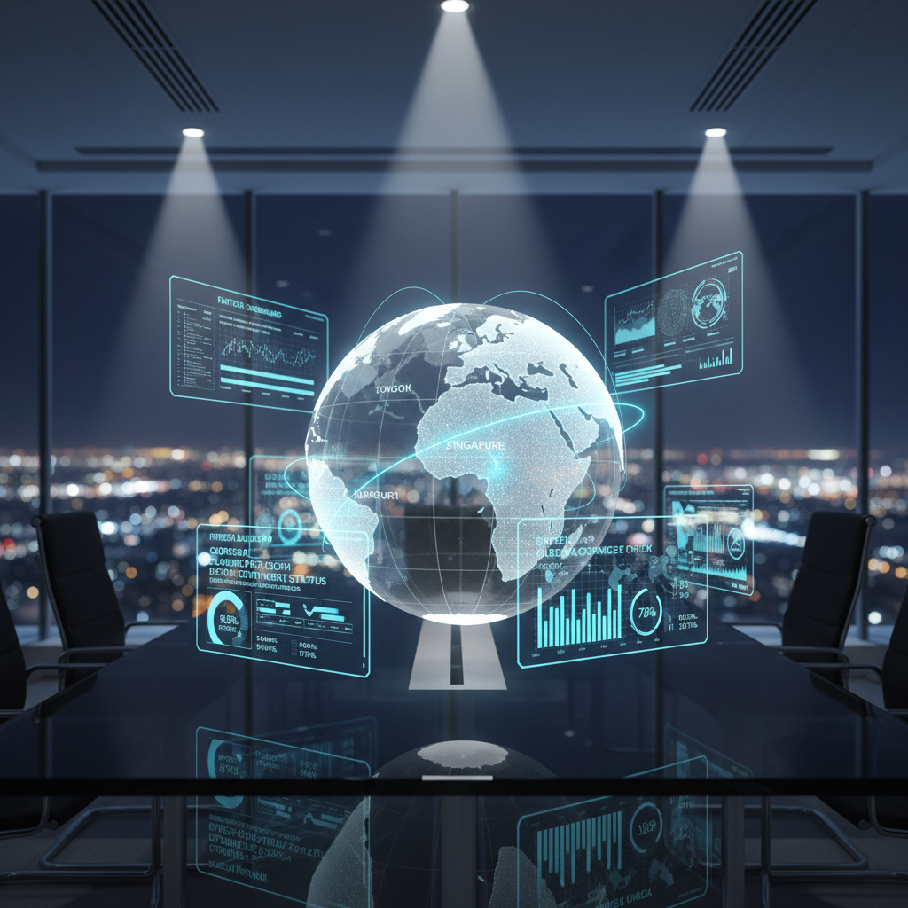 A stylized, photographic composition of a translucent, three-dimensional globe hovering above a dark glass table, with illuminated arcs connecting key financial hubs across Asia, Europe, and emerging markets. Around the globe, semi-transparent holographic panels float, showing localized fintech dashboards, compliance checks, and deployment status for multiple overseas platforms in crisp typography and cool cyan accents. The setting is a dim, ultra-modern room with a panoramic city skyline at night softly blurred in the background. Targeted spotlights from above create a subtle halo around the globe and delicate reflections on the glass table. The mood is strategic, international, and forward-looking. Shot from a slightly low angle, using shallow depth of field to keep the globe and panels sharp while the skyline remains bokeh. Clean, cinematic, photographic realism for global deployment messaging.