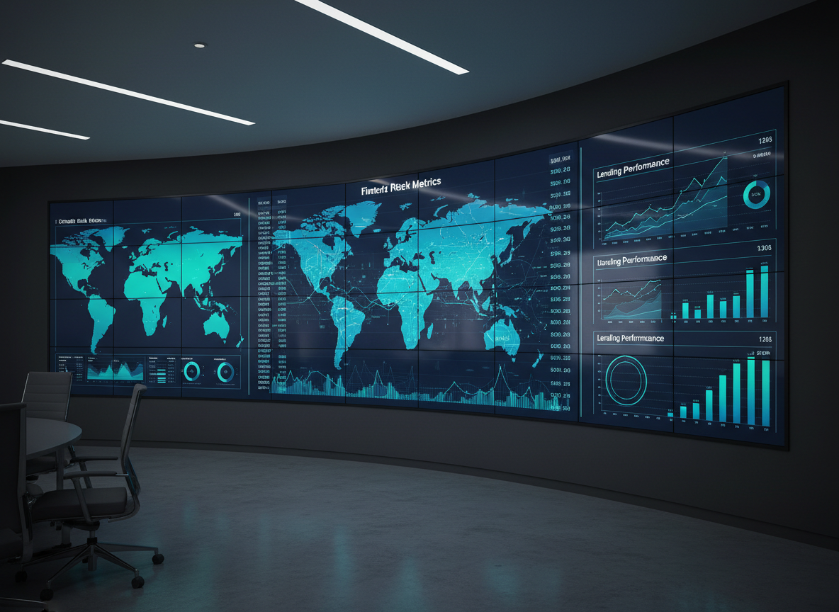 A sleek, large digital dashboard interface fills a wall of ultra-thin, frameless LED panels, displaying real-time global fintech metrics, credit risk heatmaps, and lending performance charts in vivid blues and teals. The panels are embedded in a dark, matte graphite wall within a minimalist, high-tech control room. Cool, diffused overhead lighting reflects subtly off the glassy screen surfaces, creating gentle highlights without glare. The atmosphere is precise, professional, and data-driven. Captured at eye level with a wide-angle lens, the composition emphasizes the breadth of the dashboard, with crisp focus throughout and a slight vignette that draws attention to the central analytics. Photographic realism with a clean, modern corporate aesthetic suited for a fintech technology homepage hero image.