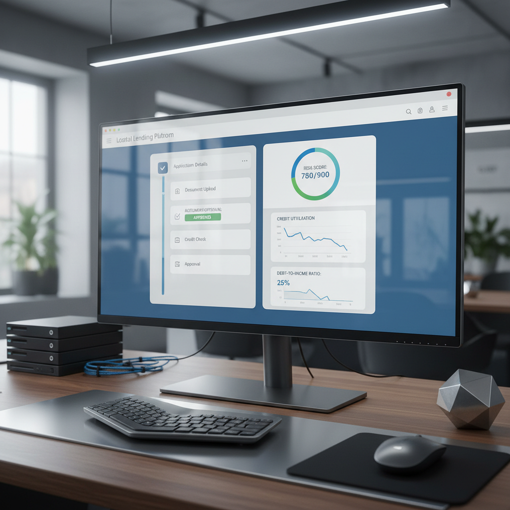 A close-up, photographic view of a secure digital lending platform interface on a thin bezel, high-resolution monitor, featuring a loan application workflow, automated approval status, and risk scoring widgets rendered in refined blues, whites, and muted gradients. The monitor stands on a dark wooden desk with a brushed metal surface inset, surrounded by neatly arranged, cable-managed hardware and a small, metallic geometric sculpture. Soft, natural daylight from an off-frame window blends with cool overhead LED strips, creating balanced, professional lighting and gentle reflections on the screen. The mood is organized, reliable, and trustworthy. Shot at a slightly elevated angle with shallow depth of field, the interface is in sharp focus while the background fades into a soft bokeh. Photographic realism with a clean, professional fintech SaaS aesthetic.