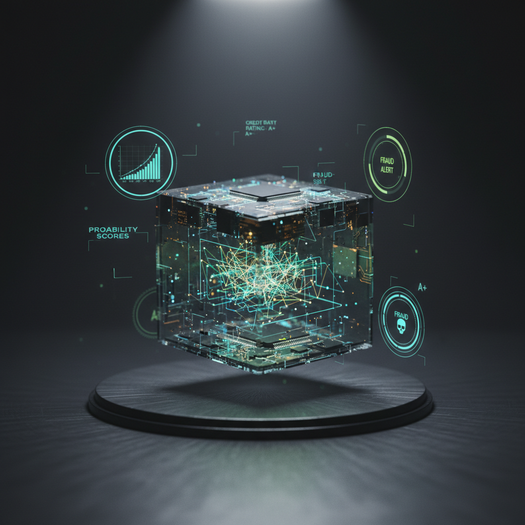 An abstract yet photographic representation of AI-driven risk control: a dark, brushed-metal surface hosts a floating, semi-transparent cube made of layered circuit traces and embedded microchips, inside which glowing lines form a constantly updating credit risk network graph. Around the cube, faint, circular HUD-style indicators show probability scores, fraud alerts, and credit ratings in subtle neon blues and greens. The environment is a minimal, shadowy studio with a soft spotlight from above, creating dramatic yet controlled highlights on the metallic textures and sharp reflections on the surface. The mood is intelligent, precise, and slightly mysterious, emphasizing advanced algorithms and control. Captured with a centered composition and shallow depth of field, ensuring the cube is razor-sharp while the outer indicators gently soften. Photographic realism with a refined, technical aesthetic for niche risk management content.